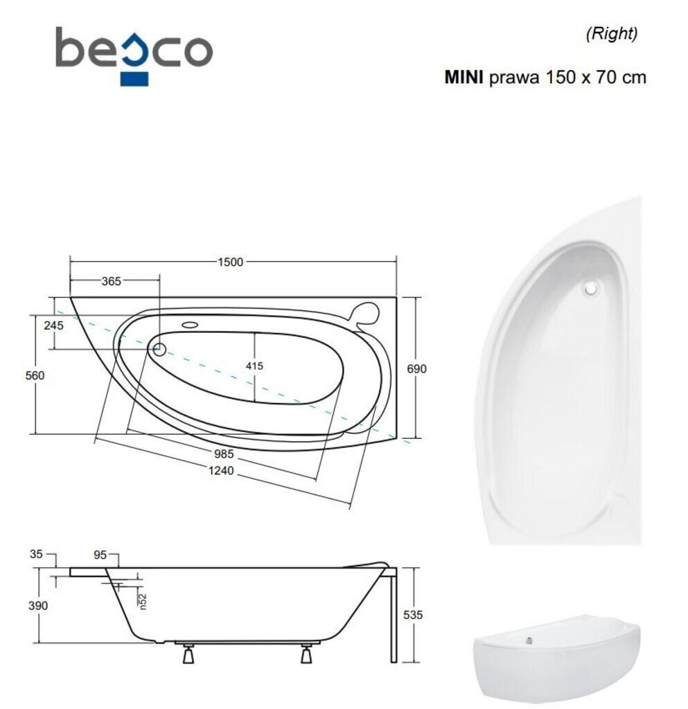 Vann Besco Mini viimistlusega, 150x70 cm, parem цена и информация | Vannid | kaup24.ee