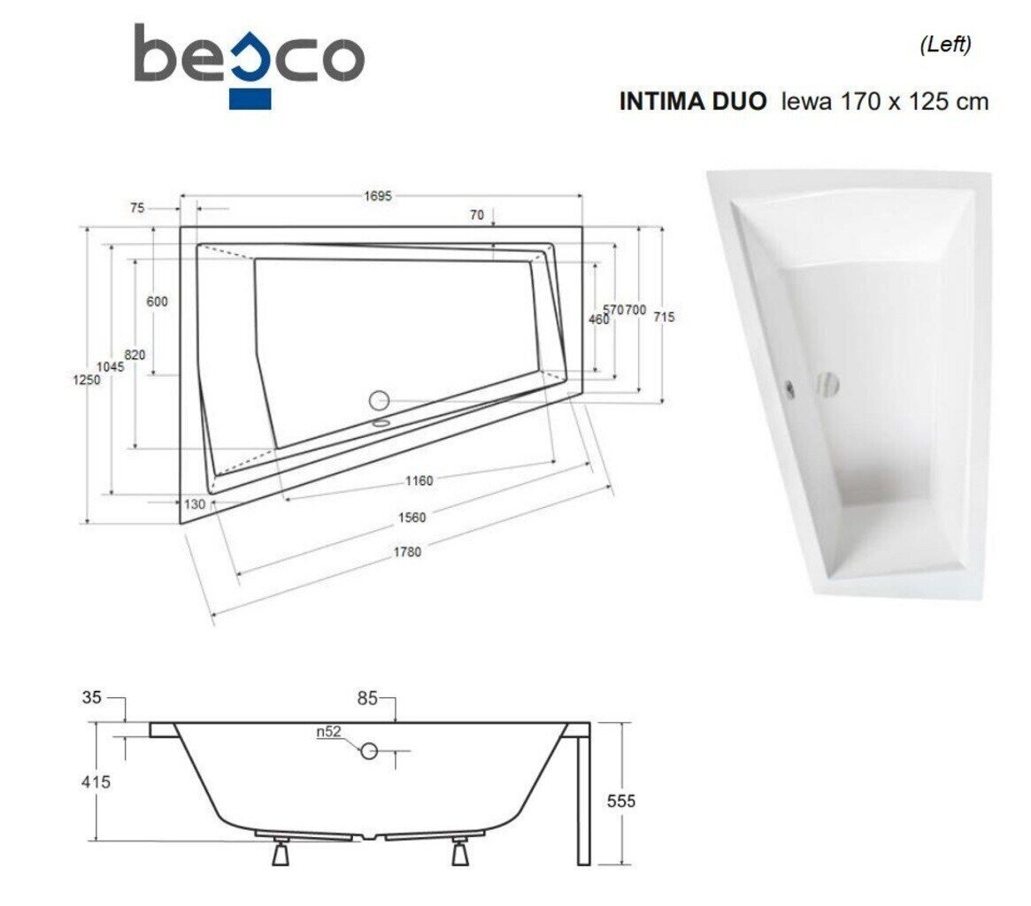 Vann Besco Intima Duo su apdaila, 170x125 cm, kairinė hind ja info | Vannid | kaup24.ee