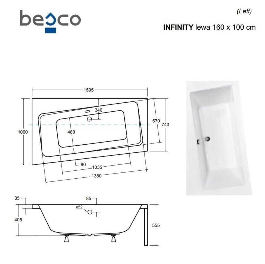 Vann Besco Infinity, 160x100 cm, vasakpoolne цена и информация | Vannid | kaup24.ee