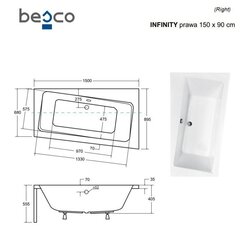 Ванна Besco Infinity с отделкой, 150x90 см, правосторонняя цена и информация | Ванны | kaup24.ee