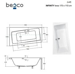 Ванна Besco Infinity с отделкой, 170x110 см, левосторонняя, с черной отделкой цена и информация | Ванны | kaup24.ee