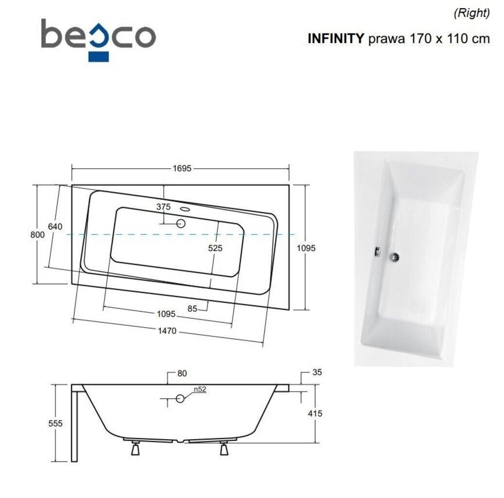 Vann Besco Infinity su apdaila, 170x110 cm, parempoolne hind ja info | Vannid | kaup24.ee