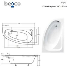 Vann Besco Cornea, 140x80 cm, parempoolne hind ja info | Vannid | kaup24.ee