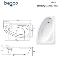 Ванна Besco Cornea Comfort с отделкой, 150x100 см, правосторонняя цена и информация | Ванны | kaup24.ee