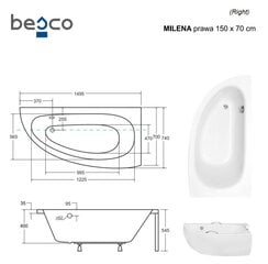 Ванна Besco Milena Premium с ручками и подушкой, 150x70 см, правосторонняя цена и информация | Ванны | kaup24.ee