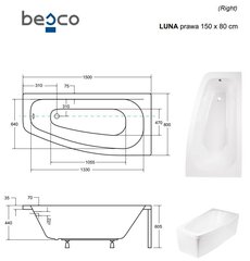 Ванна Besco Luna, 150x80 см, правосторонняя цена и информация | Ванны | kaup24.ee