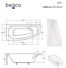 Vann Besco Luna koos viimistlusega, 150x80 cm, vasakpoolne hind ja info | Vannid | kaup24.ee