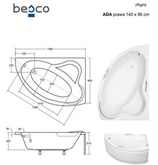 Ванна Besco Ada, 140x90 см, правосторонняя цена и информация | Ванны | kaup24.ee