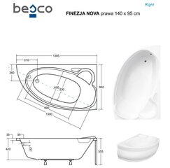 Ванна Besco Finezja Nova, 140x95 см, правосторонняя цена и информация | Ванны | kaup24.ee