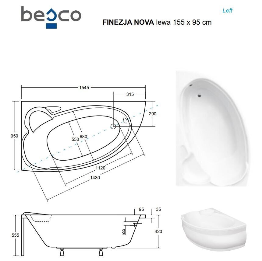 Vann Besco Finezja Nova koos viimistlusega, 155x95 cm, vasakpoolne цена и информация | Vannid | kaup24.ee