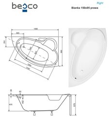 Vann Besco Bianka, 150x95 cm, parempoolne hind ja info | Vannid | kaup24.ee