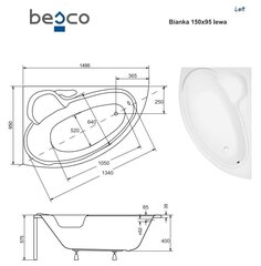 Ванна Besco Bianka с отделкой, 150x95 см, левосторонняя цена и информация | Ванны | kaup24.ee