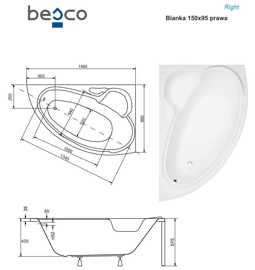 Vann Besco Bianka koos viimistlusega, 150x95 cm, parempoolne цена и информация | Vannid | kaup24.ee