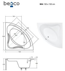 Ванна Besco Mia, 130x130 см цена и информация | Ванны | kaup24.ee