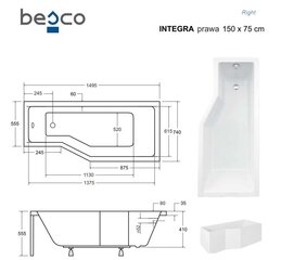 Ванна Besco Integra, 150x75 см, правосторонняя цена и информация | Ванны | kaup24.ee