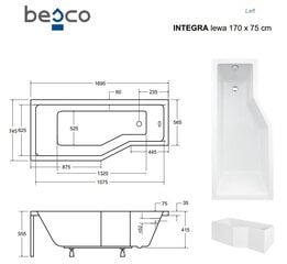 Ванна Besco Integra, 170x75 см, левосторонняя цена и информация | Ванны | kaup24.ee