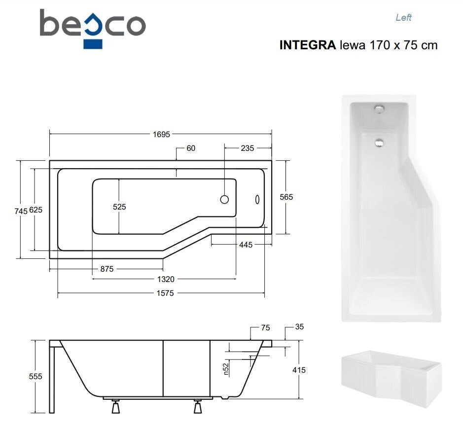 Vann Besco Integra, 170x75 cm, vasakpoolne цена и информация | Vannid | kaup24.ee