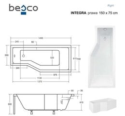 Vann Besco Integra su apdaila, 150x75 cm, parempoolne hind ja info | Vannid | kaup24.ee