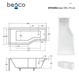 Vann Besco Integra koos klaasseinaga ja viimistlusega, 150x75 cm, vasakpoolne hind ja info | Vannid | kaup24.ee