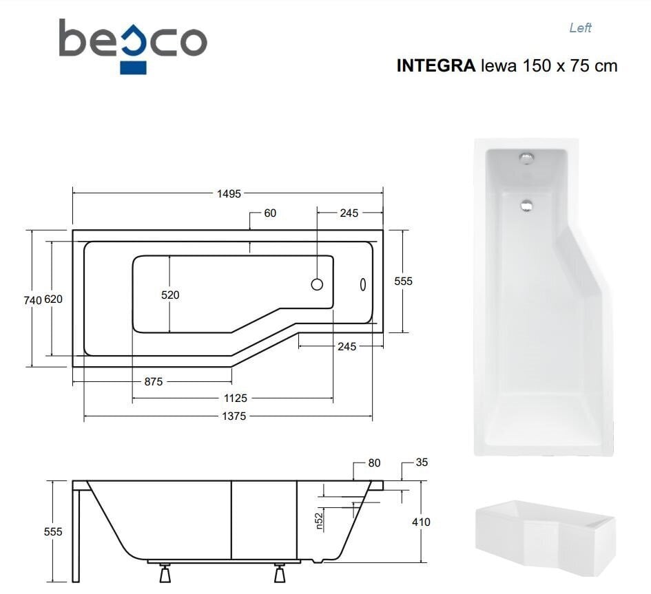 Vann Besco Integra koos klaasseinaga ja viimistlusega, 150x75 cm, vasakpoolne hind ja info | Vannid | kaup24.ee