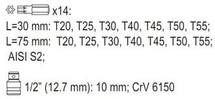 Набор наконечников Yato Torx security T20-T55 YT-0417, 15 шт. цена и информация | Механические инструменты | kaup24.ee