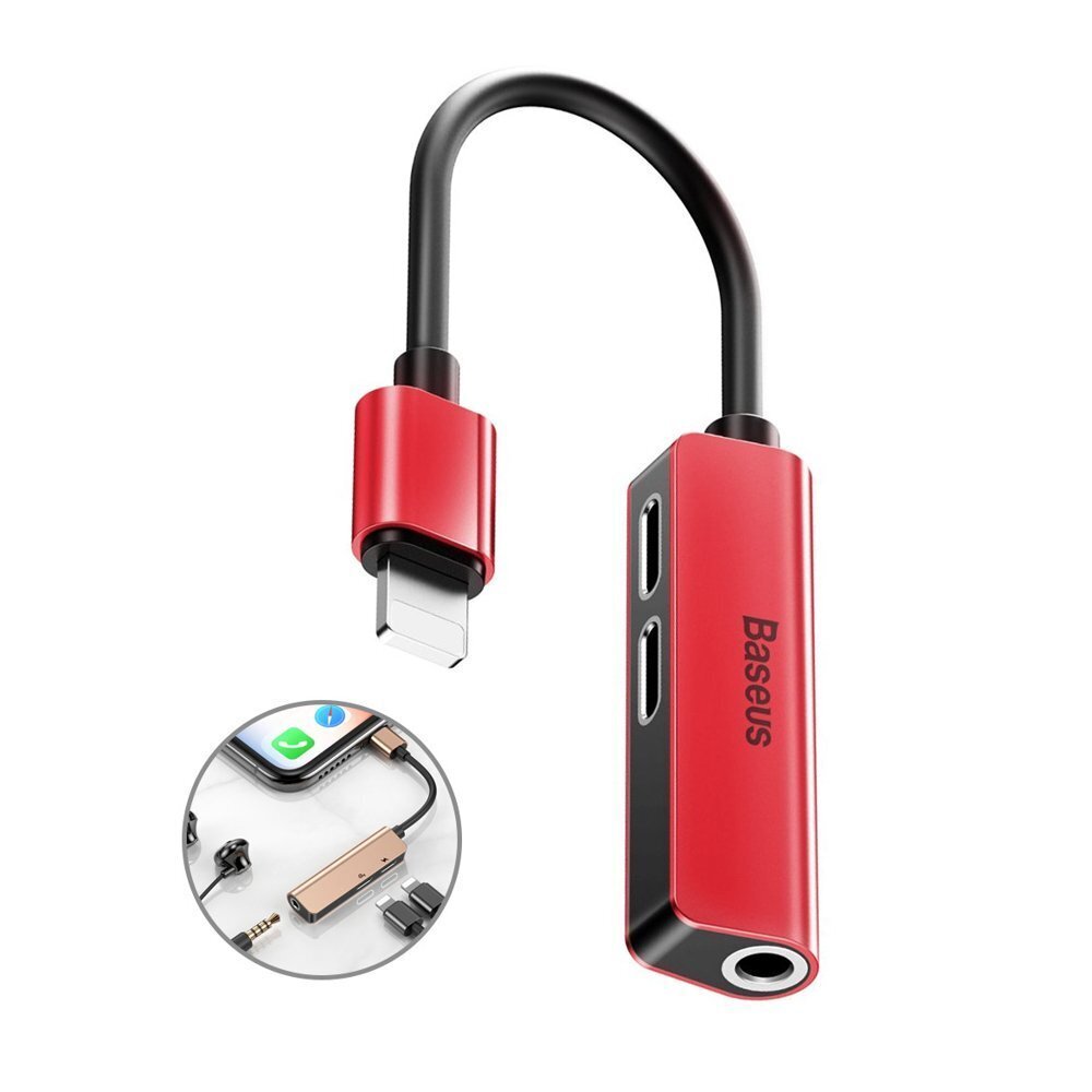 Baseus 3-in-1 iP Male to Dual iP & 3.5mm Female adapter, Punane цена и информация | USB jagajad, adapterid | kaup24.ee