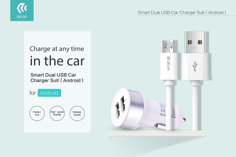 Devia Smart Series Premium Autolaadija 2 x USB 2.4A + Micro USB Cable 1m, Valge hind ja info | Mobiiltelefonide laadijad | kaup24.ee