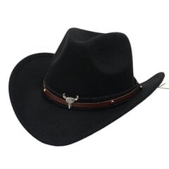 Klassikalised Western Cowboy mustad mütsid meestele Bull Decor Jazz Naiste kantrikübar etnilises stiilis retro ratsu viltkübarad reisi Fedoras цена и информация | Мужские шарфы, шапки, перчатки | kaup24.ee