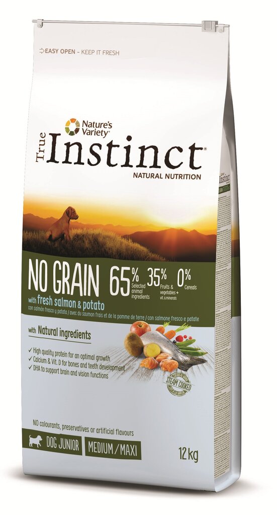 True Instinct NO GRAIN noortele keskmise/suure kasvuga koertele värske lõhe ja kartulitega, 12 kg hind ja info | Kuivtoit koertele | kaup24.ee