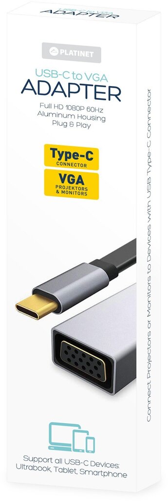 Platinet Multimeedia Adapter Type-C to VGA, Must hind ja info | USB jagajad, adapterid | kaup24.ee