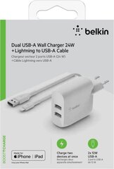 Belkin laadija Dual USB-A Charger, 24W + Lightning Cable 1m, valge hind ja info | Mobiiltelefonide laadijad | kaup24.ee