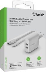 Belkin laadija Dual USB-A Charger, 24W + Lightning Cable 1m, valge hind ja info | Mobiiltelefonide laadijad | kaup24.ee