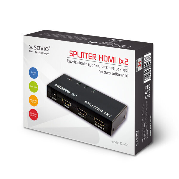 SAVIO HDMI-pistik, 1 sisend, 2 väljundit CL-42, Must цена и информация | USB jagajad, adapterid | kaup24.ee