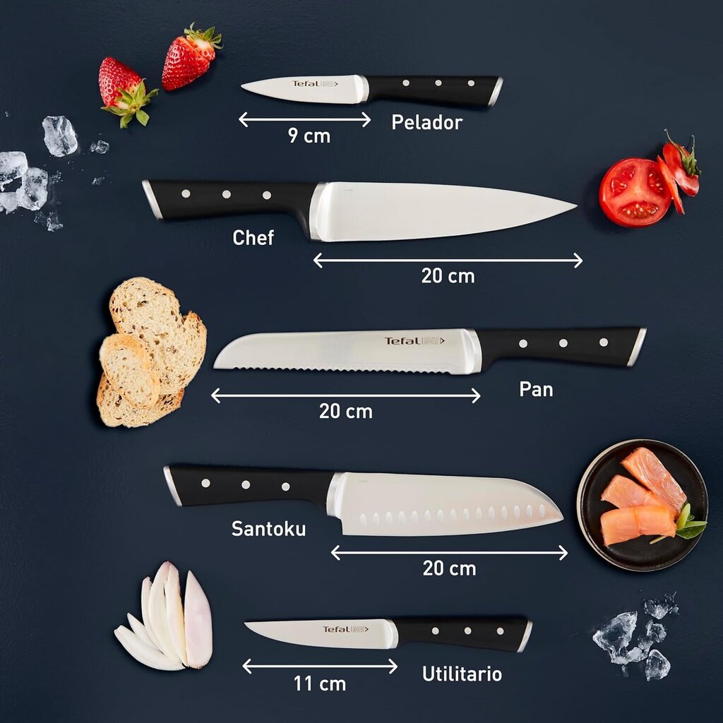 Tefal K232S5 Ice Force- Puidust noaplokk- 5 nuga | Leivanuga 20 cm | Koka nuga 20 cm | Santoku nuga 18 cm | Köögivilja nuga 11 cm | Nikerdusnuga 9 cm | Pruun/must/roostevaba teras цена и информация | Noad ja tarvikud | kaup24.ee