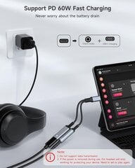 USB C kuni 3.5 mm kõrvaklappide ja laadija adapter, 2 in 1 USB C kuni Aux Audio Jack koos PD 60 W kiirlaadimisega donglikaabli juhe S23 / S22 / S21 / S20 Ultra, iPad Pro, Pixel (hall) jaoks hind ja info | USB adapterid tehase helisüsteemile | kaup24.ee