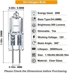 20 tk halogeenlambi rant G4-12V-20W kristalllambi mikroskoobi instrumendi tihvti pirn Halogeen volframpirn hind ja info | Lisatarvikud korpustele | kaup24.ee