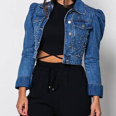 (EUR L-sinine)Nail Bead Denim jope naiste 2024 Mood Puff Sleeve Teksad jakk Naiste lühike kärbitud teksajakk Naistele Veste Femme Mujer hind ja info | Naiste mantlid | kaup24.ee