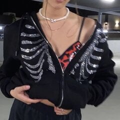 (3xL-must) Rhinestone Skeleton kapuutsid Naiste gooti stiilis retro tõmblukuga ülisuur jakk Mantlid Naistele Harajuku kapuutsiga dressipluusid Y2K tänavarõivad цена и информация | Женские пальто | kaup24.ee