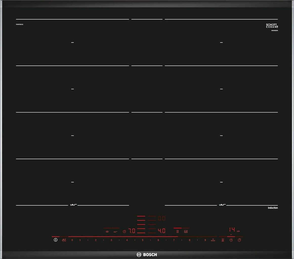 Boschi seeria 8 induktsioonpliit (eraldi), 60 cm, must, ComfortProfil, DirectSelect Premium, 17 võimsusastet, PowerBoost, FlexInduction tsoon, PerfectFry praeandur, PXY675DC1E [energiaklass B] hind ja info | Pliidiplaadid | kaup24.ee