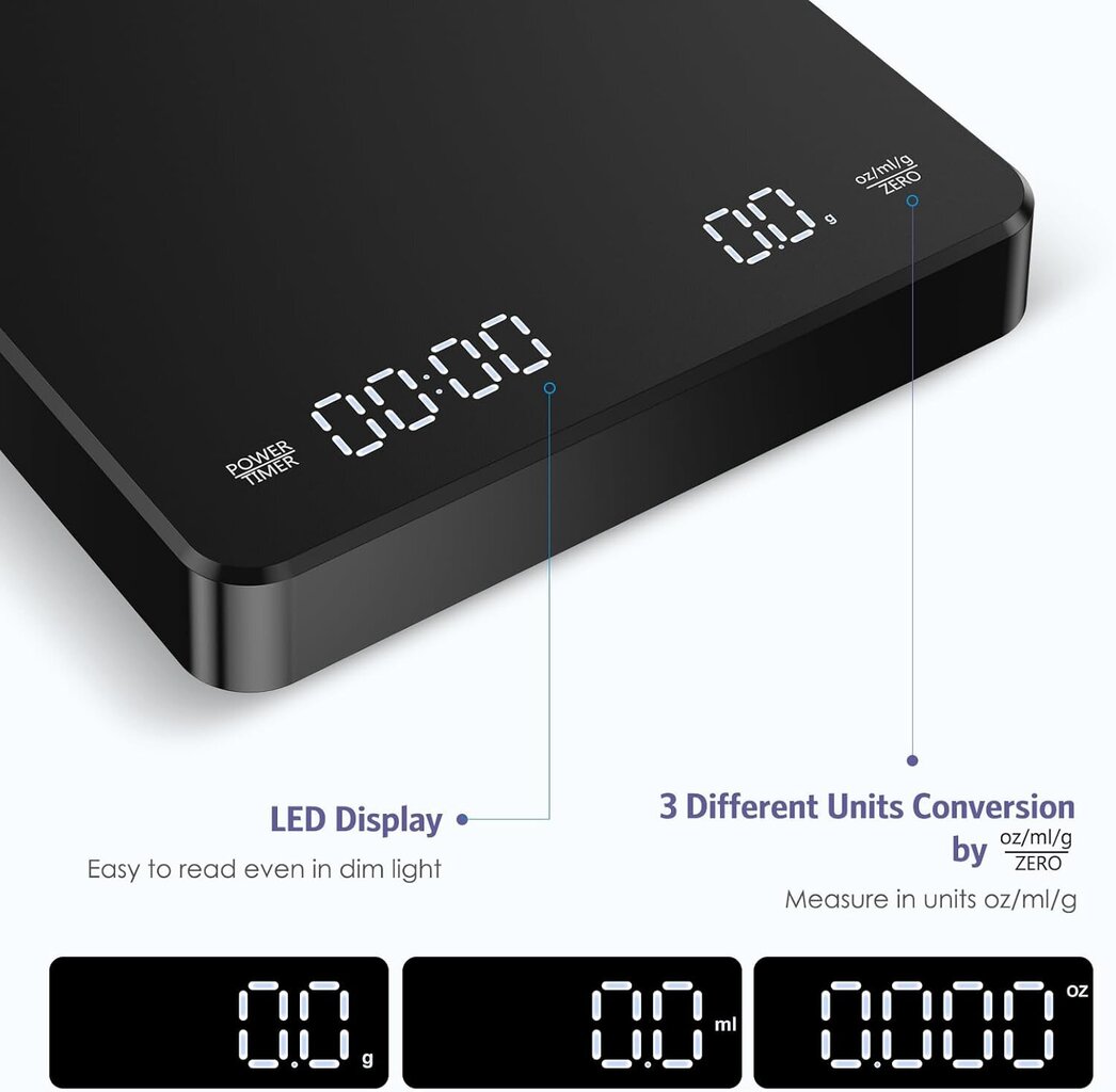 Taimeriga digitaalne kohvikaal, mahutavus 6,6 naela, täpsus 0,1 g, kohvi tilgutamiseks, puutenupp, automaatne koorimine, HD LED-ekraan цена и информация | Köögikaalud | kaup24.ee