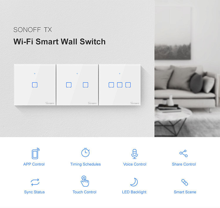 Nutikas puutetundlik lüliti Sonoff T2EU3C-TX, 3 kanalit, 600W/kanal, 230VAC, juhitav puutetundliku nupuga, rakendus, Wi-Fi, hääljuhtimise ja SONOFF puldiga (SONOFF pult ei kuulu komplekti) цена и информация | Valvesüsteemid, kontrollerid | kaup24.ee