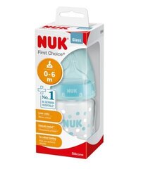 Klaasist lutipudel silikoonist lutiga NUK First Choice+, M, 0-6 kuud, 120 ml цена и информация | Бутылочки и аксессуары | kaup24.ee