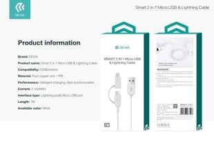 Devia Smart 2in1 BRA006015 цена и информация | Кабели для телефонов | kaup24.ee