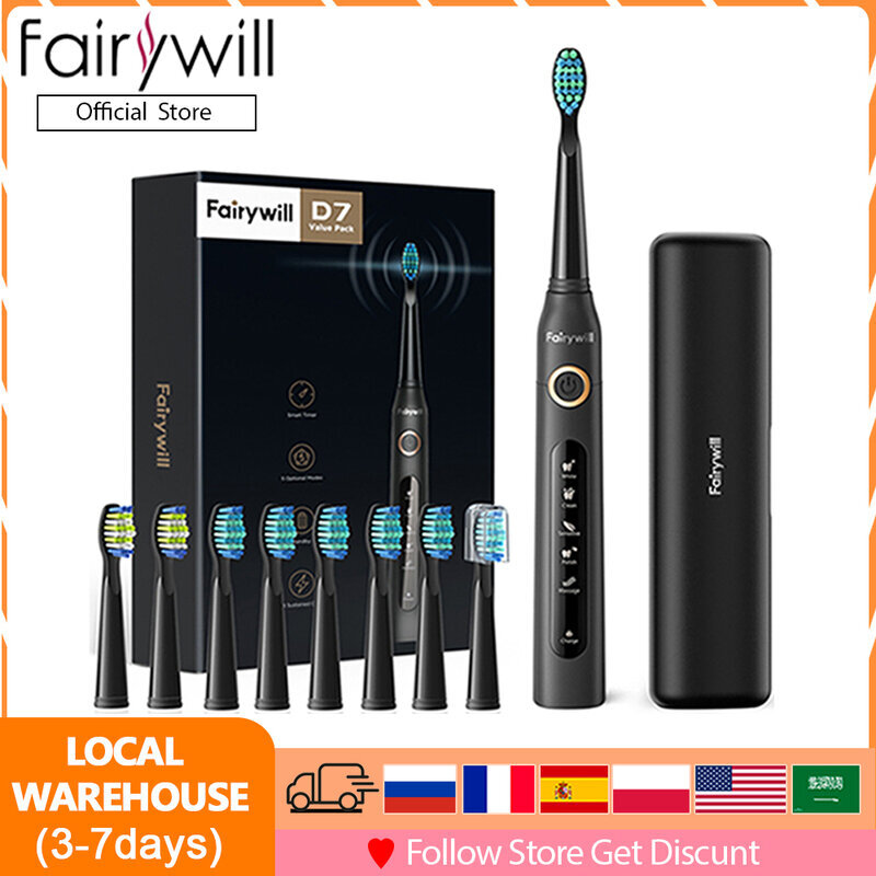 Fairywill FW507 Sonic elektrilised hambaharjad täiskasvanutele, lastele 5 režiimi Smart Timer Laetav 8 ülimalt valgendavat hambaharjapead hambaharjad hind ja info | Elektrilised hambaharjad | kaup24.ee