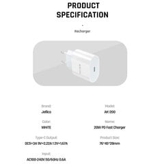 Jellico AK-200 PD 20W Nutikas iPhone & iPad Üldine Kiire La Charger 1x USB-C (5-12V) Valge hind ja info | Mobiiltelefonide laadijad | kaup24.ee