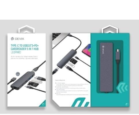 Adapter Devia Leopard 5in1 USB Type-C/ 3xUSB 3.0/ PD /SD Kaardilugeja цена и информация | USB jagajad, adapterid | kaup24.ee