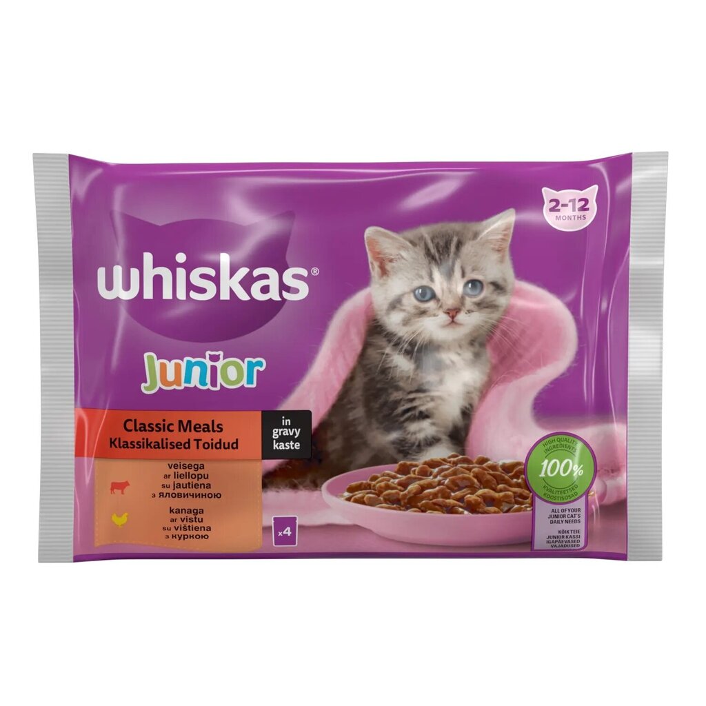 Whiskas Junior, lihakomplekt, 4 x 85 g x 13 tk цена и информация | Konservid kassidele | kaup24.ee