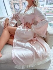 Fuzzy Trim Belted Satiin Robe·Baby Pink·L цена и информация | Женские халаты | kaup24.ee