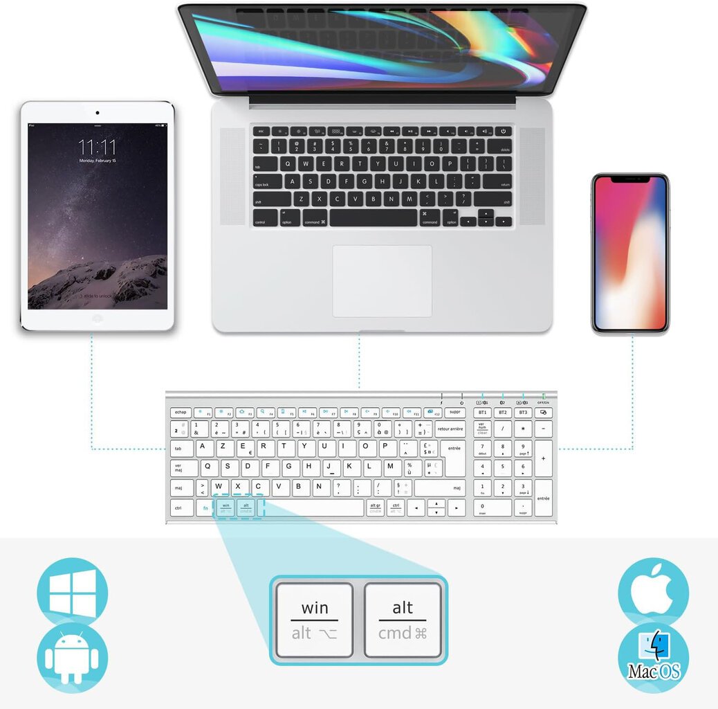 iClever Wireless Keyboard 210917002 kuni 3 AZERTY seadme jaoks. цена и информация | Klaviatuurid | kaup24.ee