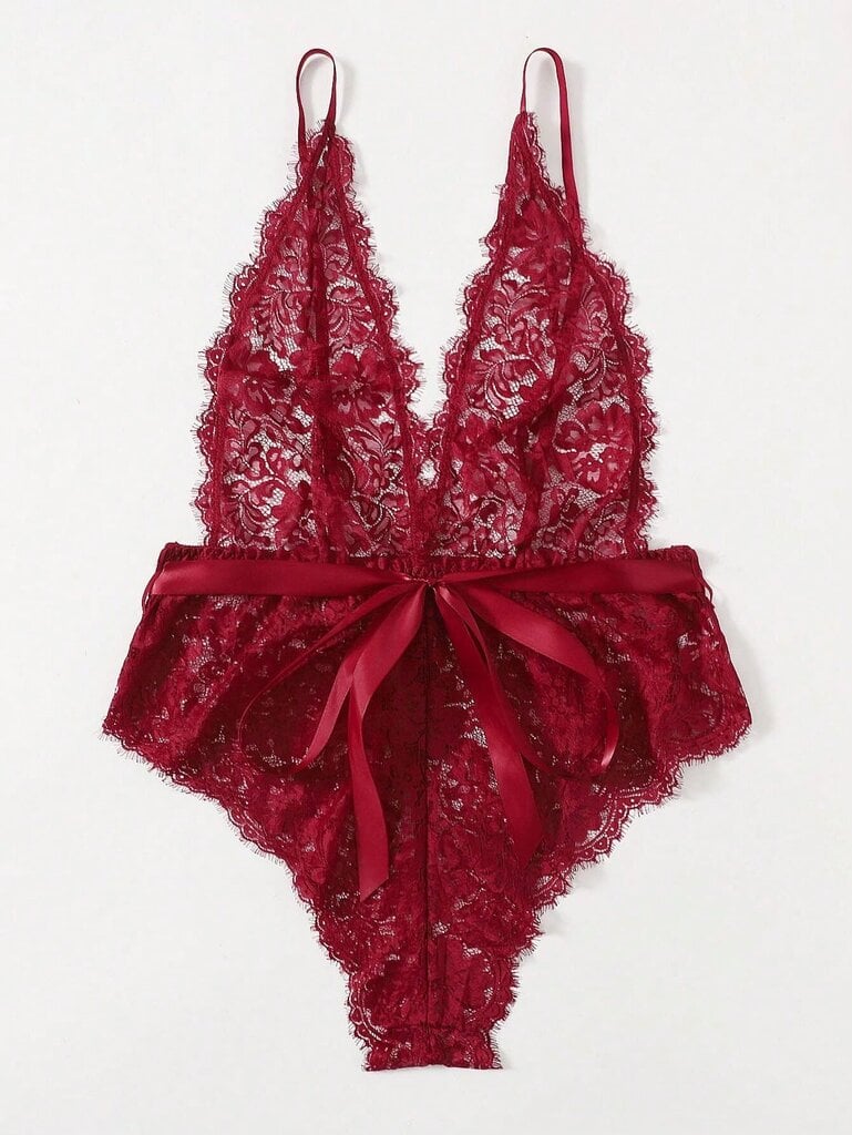 Klassikaline Sexy Plus lilleline pitsiline vööga Teddy Body·Burgundy·4XL hind ja info | Naiste alussärgid | kaup24.ee